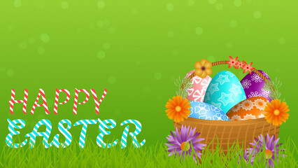 Easter concept image on blue background with decorated egg basket.