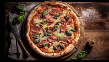 Crusty oven-fired Italian prosciutto pizza, generative ai