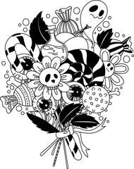 Halloween bouquet. Bouquet in the theme of Halloween, assembled from daisies with skulls, candy, lollipop, eyeballs, pumpkins, plants and a ghost, connected by a ribbon. Cartoon vector illustration.  - 577012472