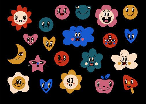 Vector groovy psychedelic smiley faces. Set of cool bold retro illustrations. Crazy social media emoticons. Positive vibes funky hippie emotion kawaii cartoon stickers. Faces with different emotions