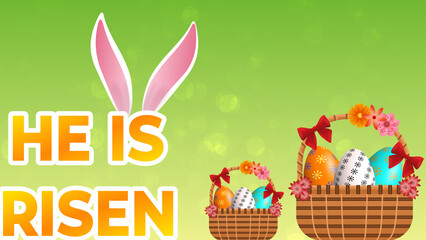 beautiful Easter greeting image with decorated eggs isolated on green blur background