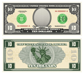 Vector gray banknote obverse and green reverse. Denomination ten US dollars. Empty oval, statue Liberty and guilloche frame. American paper fiction money.