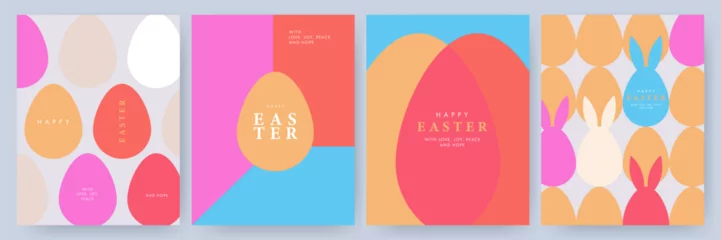 Fotobehang Happy Easter set of cards, posters or covers in modern minimalistic simple style with geometric shapes, eggs and rabbit ears. Trendy templates for advertising, branding, congratulations or invitations © Tanya
