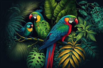 a tropical rainforest with parrots. Generative AI.