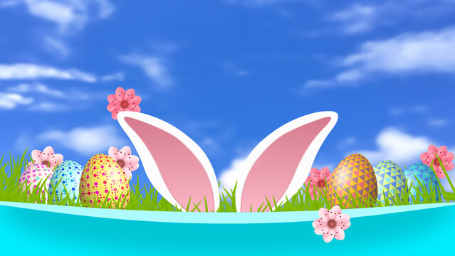 eggs, pink flower, bunny ears and grass concept image