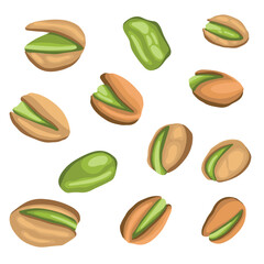 Set of colored realistic roasted pistachios nuts in separate on white background. Salty delicious organic food, nutshells. peeled. Food package, traditional snack, green, healthy, nutritional.