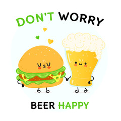 Cute, funny happy glass of beer and Hamburger. Vector hand drawn cartoon kawaii characters, illustration icon. Funny cartoon glass of beer and Hamburger mascot friends concept