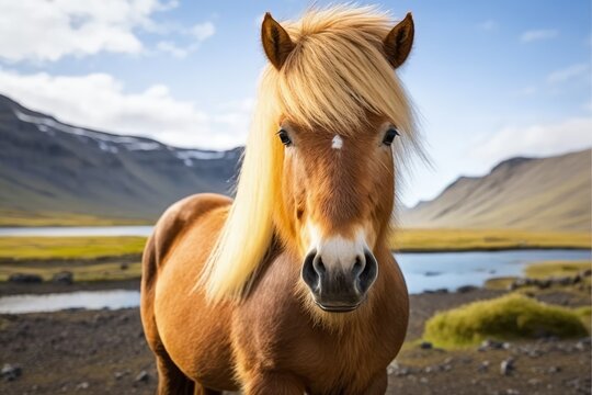 Photograph shows a handsome gelded Icelandic horse posing in the open air on a nice summer day. Generative AI