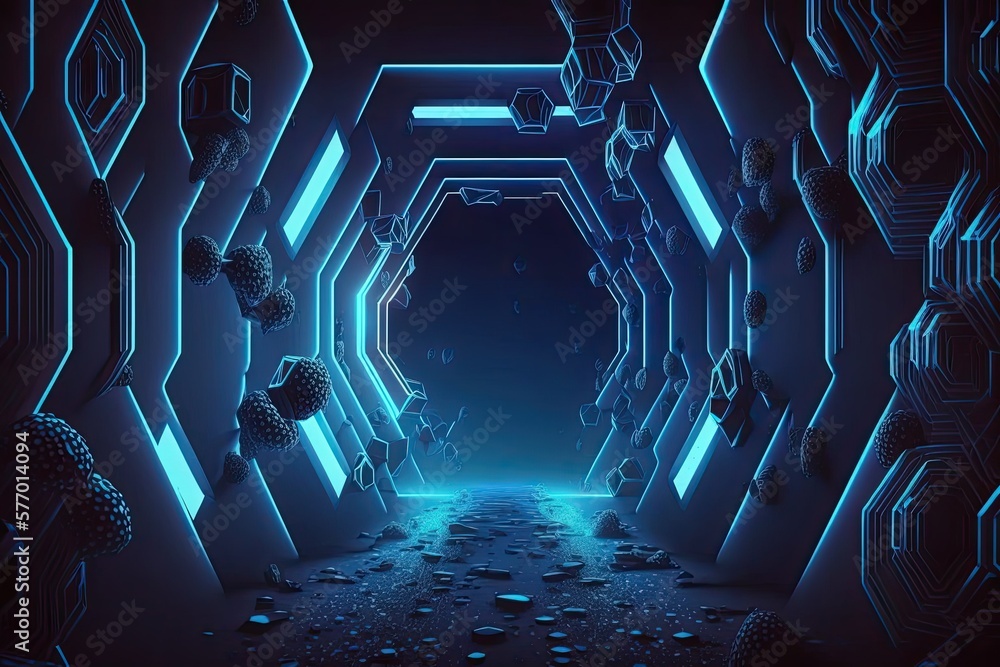 Aufkleber hexagonal tunnel and neon lights represent technology in this abstract backdrop. innovative cyberspa