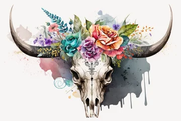 Fototapete Boho On a white background, a bull's head is adorned with a bouquet and feathers in a watercolor painting. Bohemian fashion. Decorative skull for use as a motif in paper goods, home decor, apparel, station