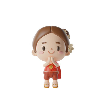 Thai traditional dress female and Standing sawasdee thailand