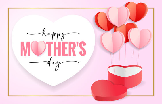 Happy Mothers Day card with paper hearts and heart gift box. Vector Mother's day design for special offer banner or shopping sale. Best Mom ever, greeting card