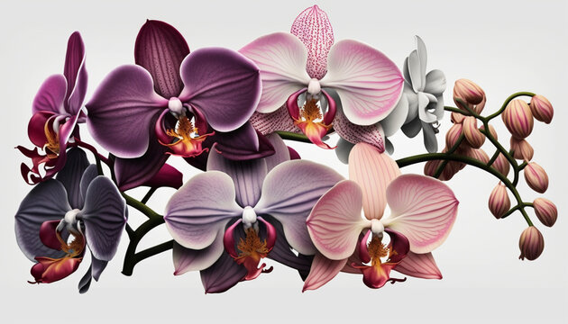 A Graceful Display, Elegant Orchid Delicately Captured on a Pristine White Background, Perfect for Showcasing Products, Enhancing Visual Appeal, Celebrating the Beauty of Nature, Exquisite Floral Art