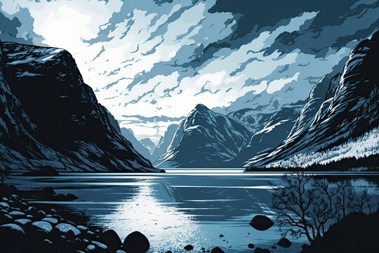 Gray morning on Hjorundfjorden fjord in Orsta, municipality of More og Romsdal county. This is a dramatic panorama of Norway. Natural scenery as a conceptual backdrop. Generative AI