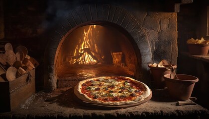 Pizza being taken out of a wood burning oven, generative ai