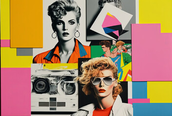 Abstract 1980s trendy collage design with female portrait. Generative ai - obrazy, fototapety, plakaty