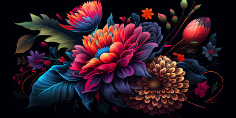 Fototapeta na wymiar Colorful Mexican floral pattern on a black background, vibrant colors.generative AI