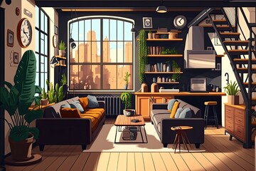 Fototapeta premium Loft apartment living room decorated in an industrial style,. Generative AI