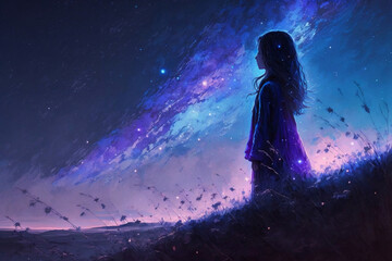 Fototapeta na wymiar Cosmic Dreams: A Girl is Mesmerized by the Beauty of the Galaxy Nebula Sky. Generative AI