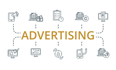 Advertising set icon. Editable icons advertising theme such as paid articles, copyright, personalization and more