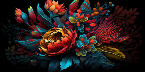 Colorful Mexican floral pattern on a black background, vibrant colors.generative AI