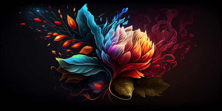 Colorful Mexican floral pattern on a black background, vibrant colors.generative AI