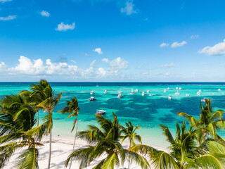 Aerial view through the green palm trees of many anchoring yachts and tourist boats in the...