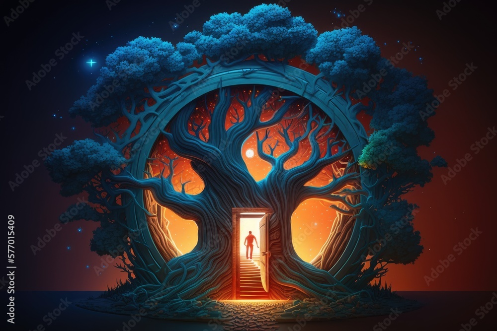 Poster magical portal illuminated by a gigantic tree and surrounded by a glow of digital light. generative 