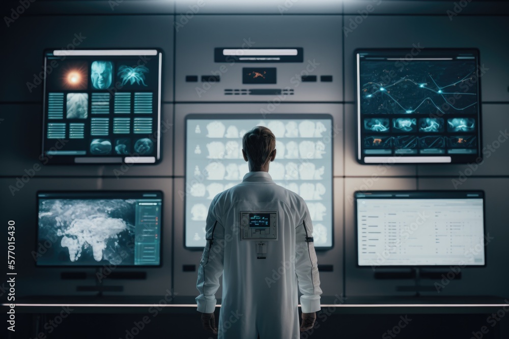 Poster a man in a white lab coat standing in front of a wall of monitors and screens biopunk computer graph