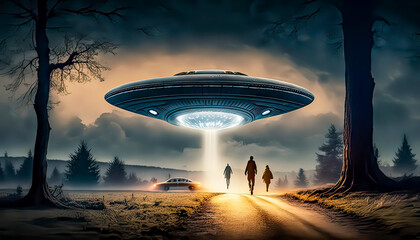 Fototapeta na wymiar Intruders in the Dark: UFO Searchlight Illuminates the Night Sky