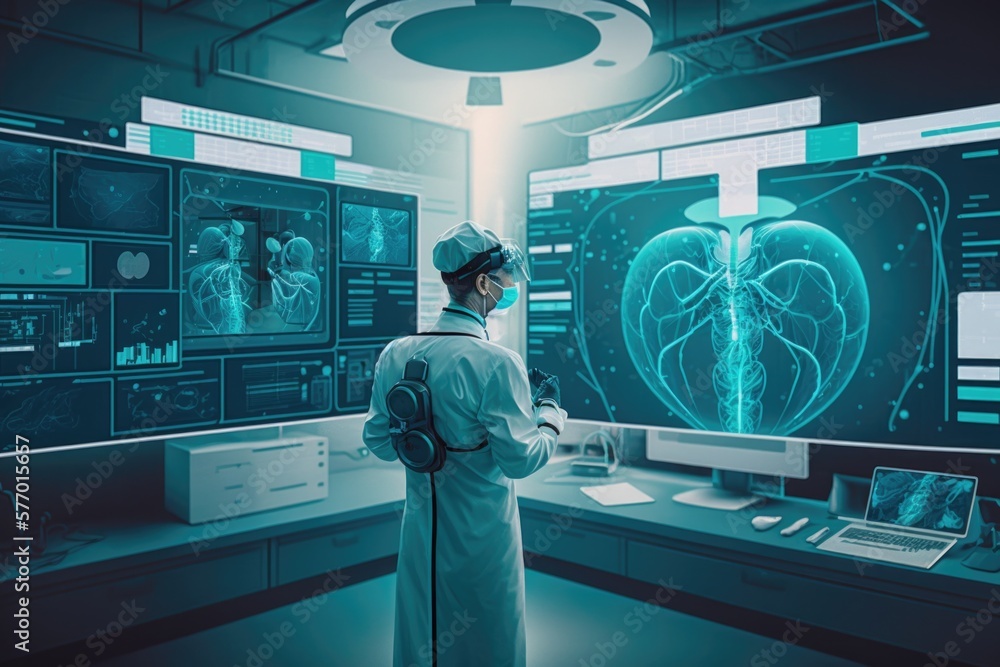 Poster A man in a lab looking at a computer screen with a heart scan on it biopunk computer graphics neoplasticism