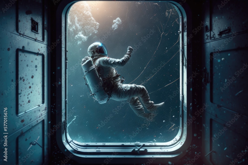 Poster a man floating in the air from a window in a space station with a sky background space poster art sp