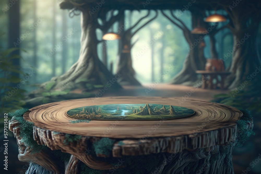 Poster a table with a tree stump in the middle of a forest with a bench and lampposts forest background a d