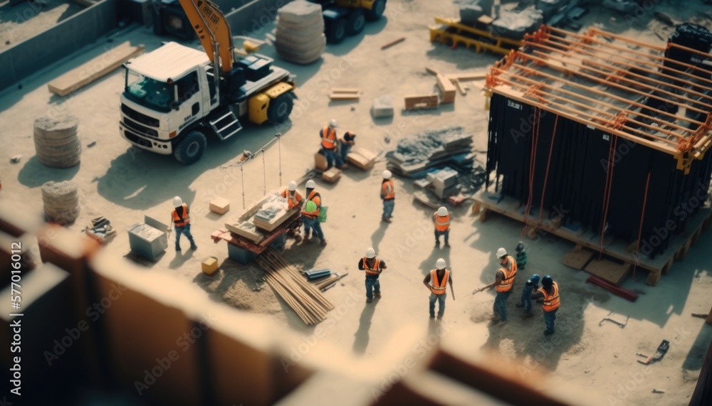Poster a group of construction workers standing around a building under construction with a crane in the ba