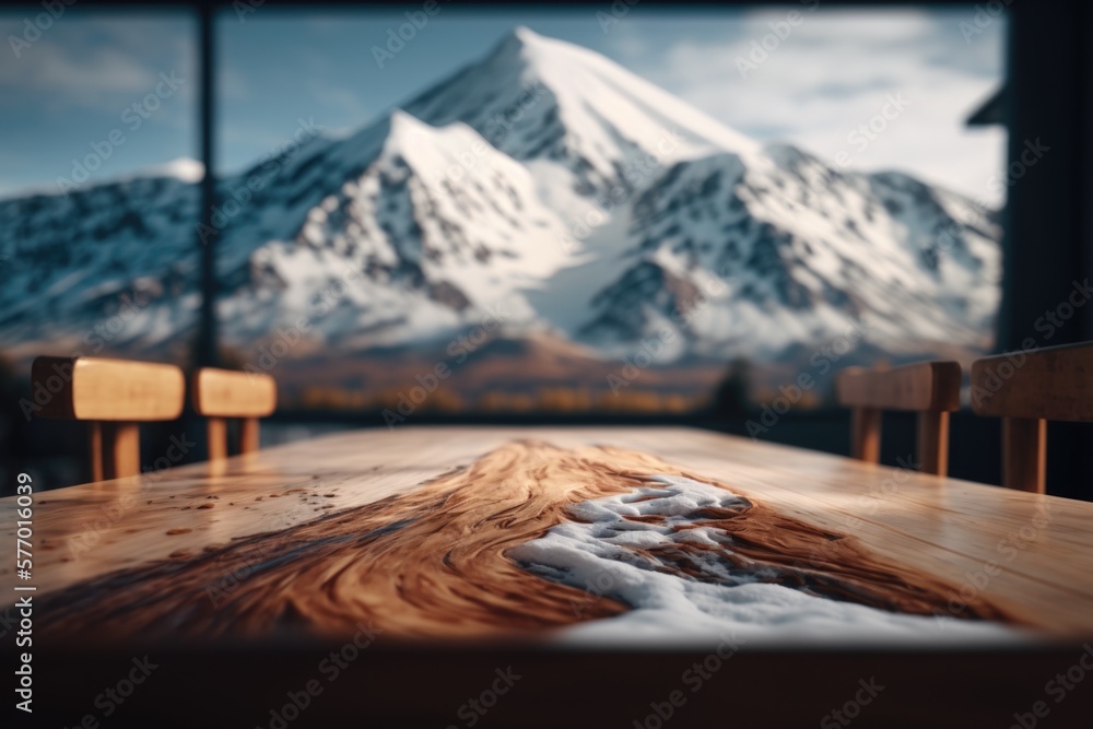 Poster a table with a view of a mountain range and a bench in the foreground 8k photorealistic computer gra
