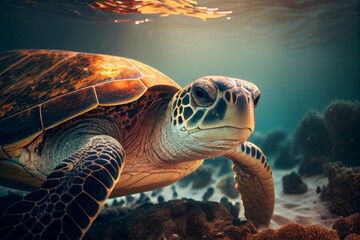 Turtle is swimming under the sea. Generative AI, Generative, AI