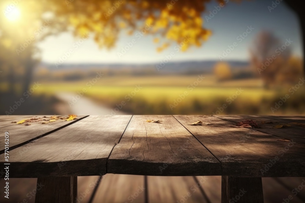 Poster a wooden table with a view of a country road in the background with leaves on it deep depth of field