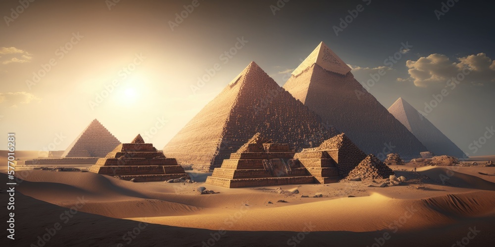 Aufkleber a group of pyramids in the desert with the sun shining behind them and clouds in the sky sacred geom