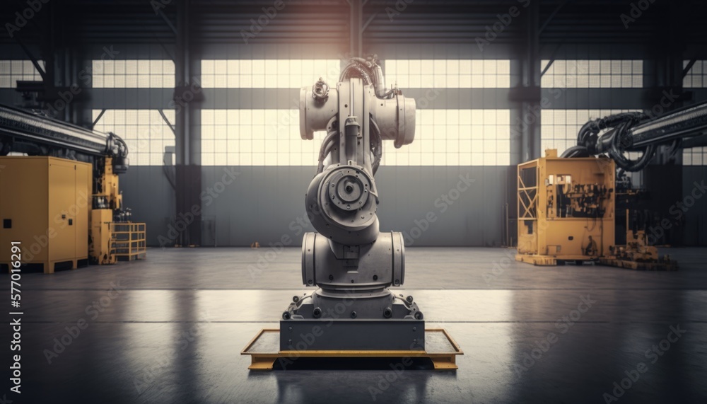 Poster a robot is standing in a warehouse with other machines in the background and a window robots a stock