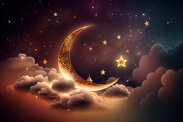 Obraz na płótnie Canvas Excellent Ramadan Kareem background with crescent, stars and glowing clouds, nice color, realistic. Generative Ai