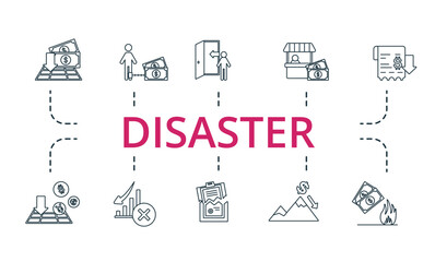 Disaster set icon. Editable icons disaster theme such as liquidation, inflation, currency fall and more.