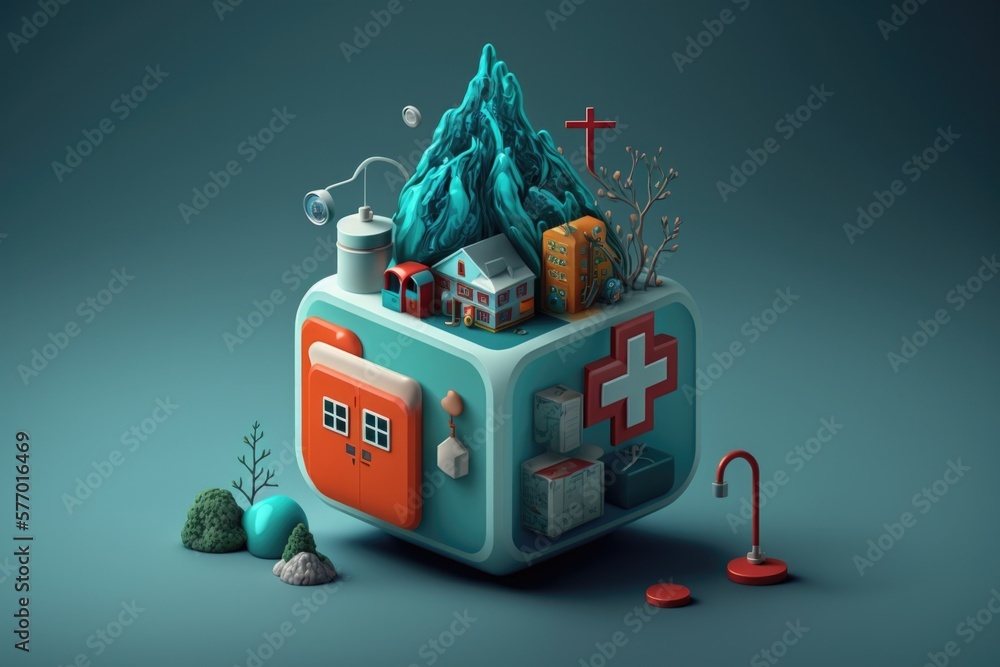 Poster a small toy with a house and a cross on it and a tree on top editorial illustration a storybook illu