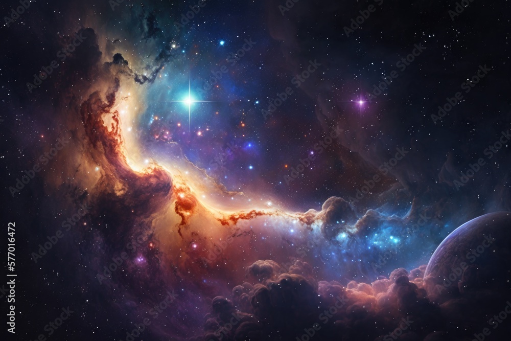 Poster a colorful space scene with stars and a large star in the center of the image space a detailed matte