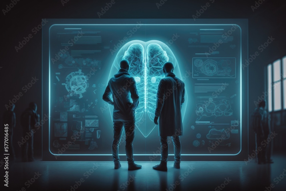Poster two people standing in front of a large screen with a brain scan in it's center biopunk cyberpunk ar