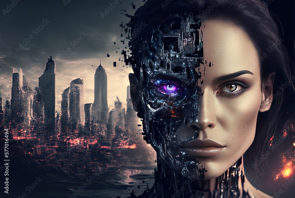 Poster the post-singularity cyborg world. a female-looking robot. humanoid android from a metropolitan sett