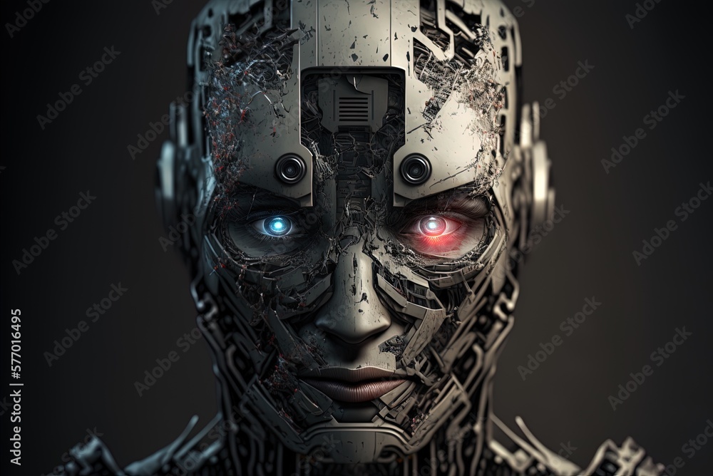 Poster the post-singularity cyborg world. picture of a robot's face up close. greyscale humanoid or robot o