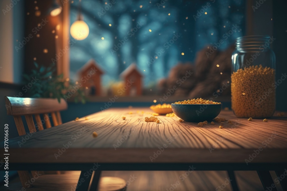 Poster a table with a bowl of popcorn and a jar of popcorn on it with a window in the background cgstudio a
