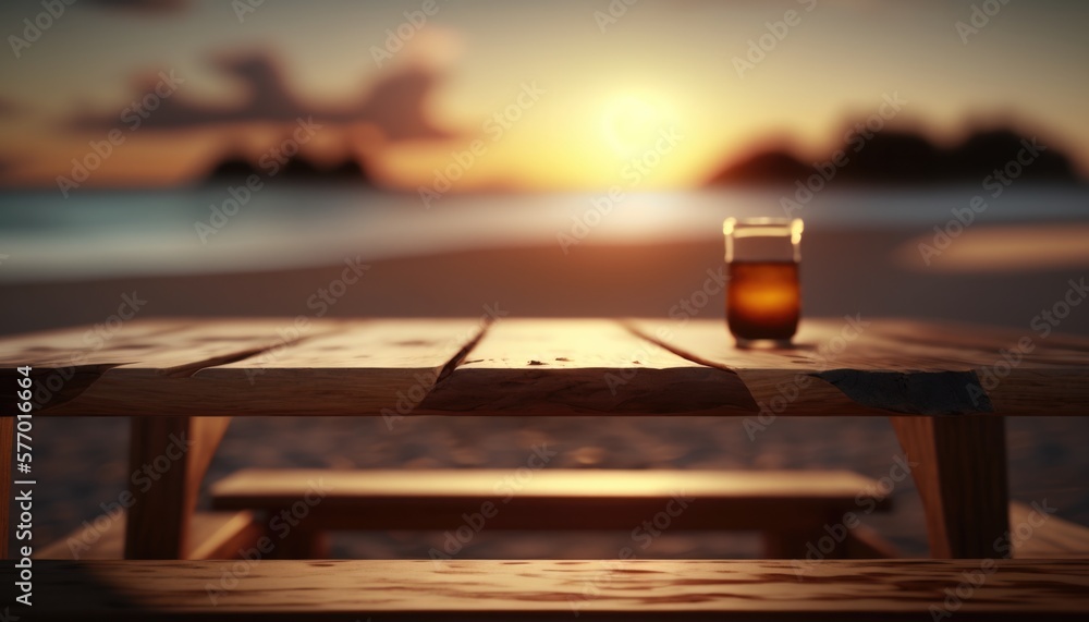 Poster a wooden table with a glass of beer on it and a sunset in the background rendered in unreal 5 a 3d r