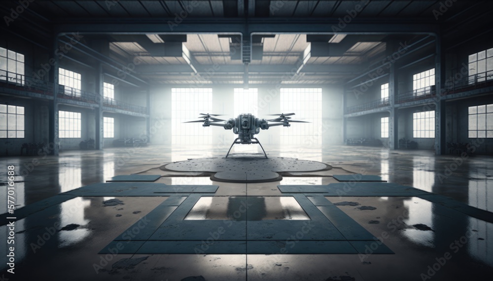 Poster A large room with a large plane in it's center and windows on the side octane renderer a 3d render modular constructivism