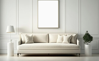 Blank white picture/art frame in a light and modern living room hanging over a big sofa. Mock up template for Design or product placement created using generative AI tools